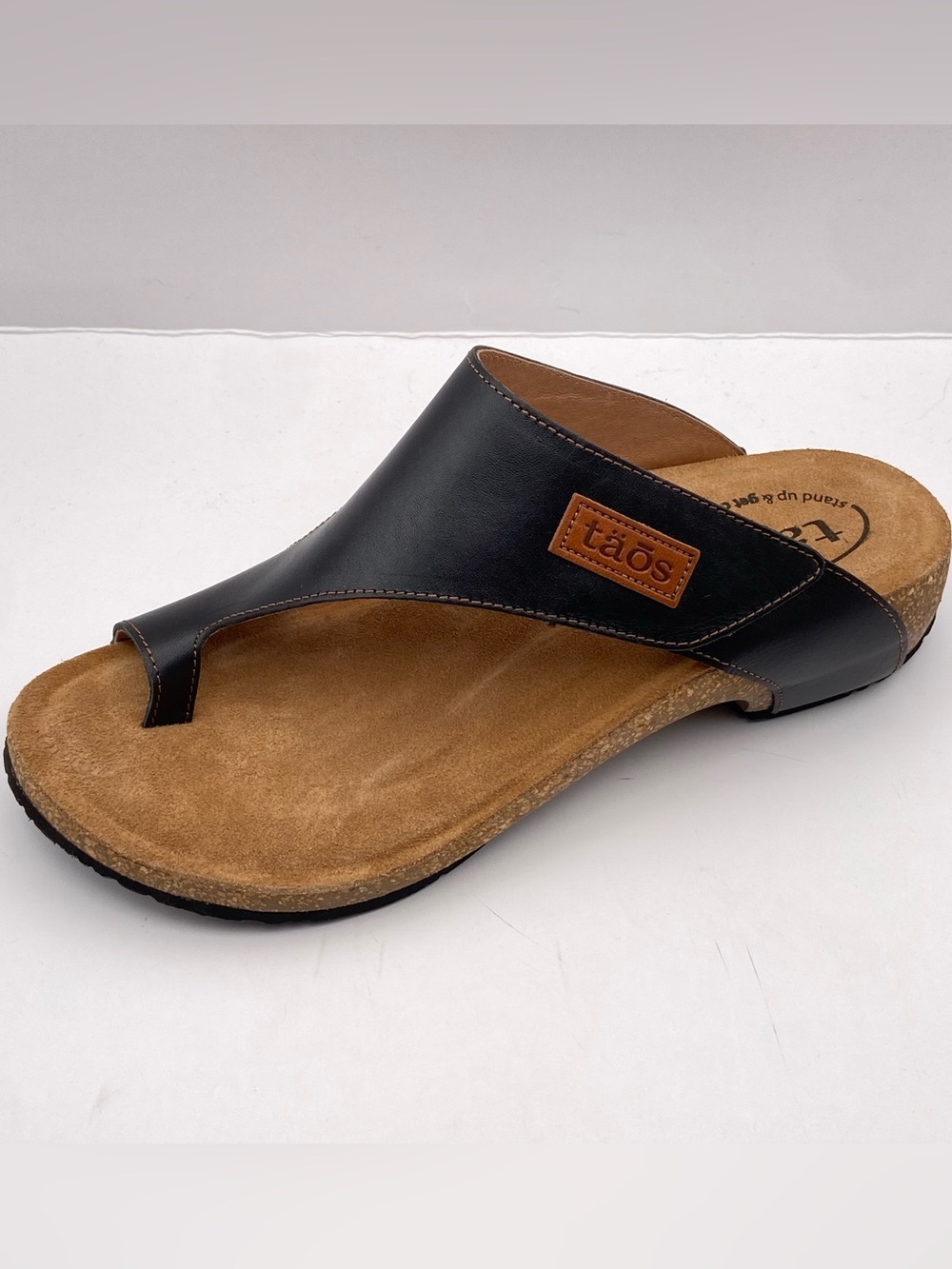 Taos Footwear Women's Black Leather Cork Midsole Suede Footbed Sandals 8-8.5